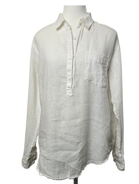 Gap White Linen Roll Tab Shirt Sz M | 1/2 Button Down Long Sleeve Top | Coastal